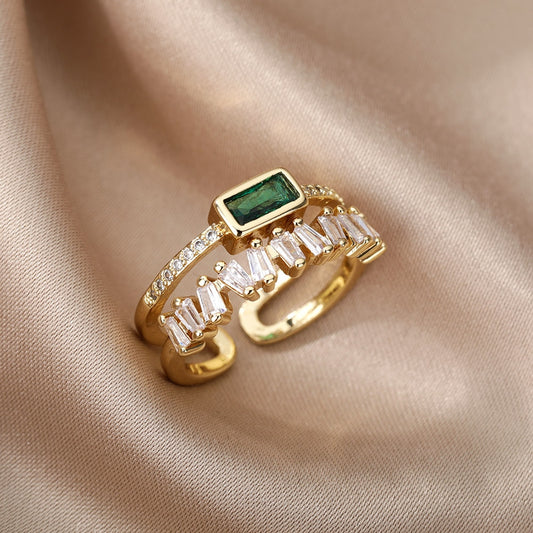 Valentine's Day Double Layer Irregular Zircon Rings For Women Open Stainless Steel Green Crystal Finger Ring Boho Jewelry Valentines Day Gift