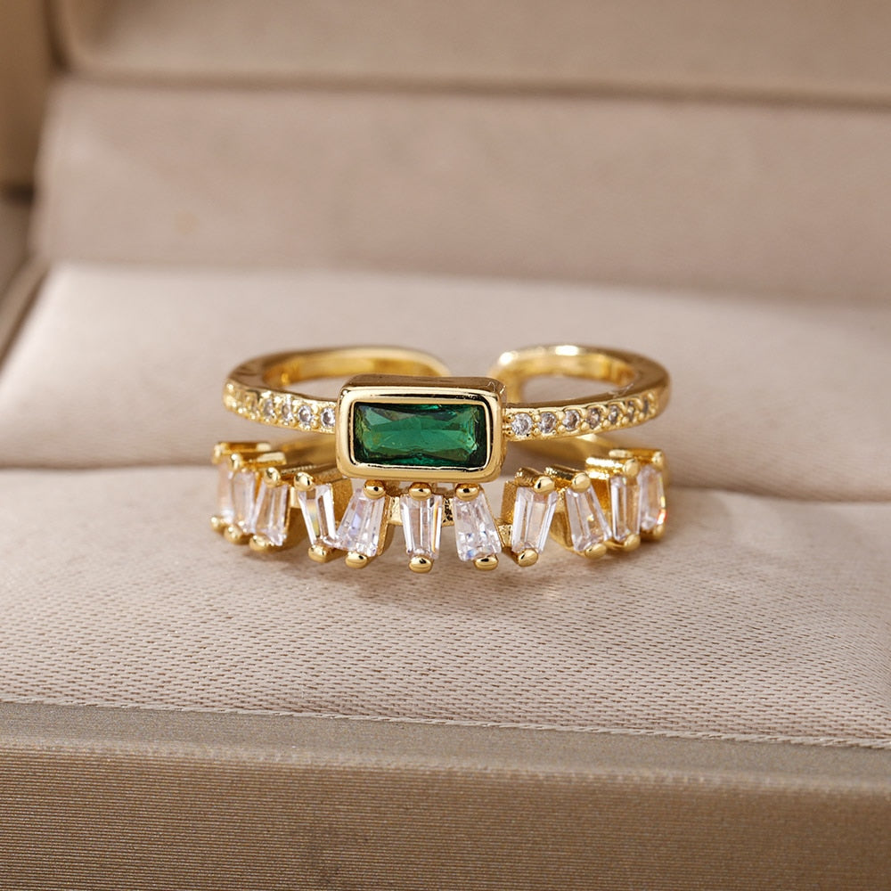 Valentine's Day Double Layer Irregular Zircon Rings For Women Open Stainless Steel Green Crystal Finger Ring Boho Jewelry Valentines Day Gift
