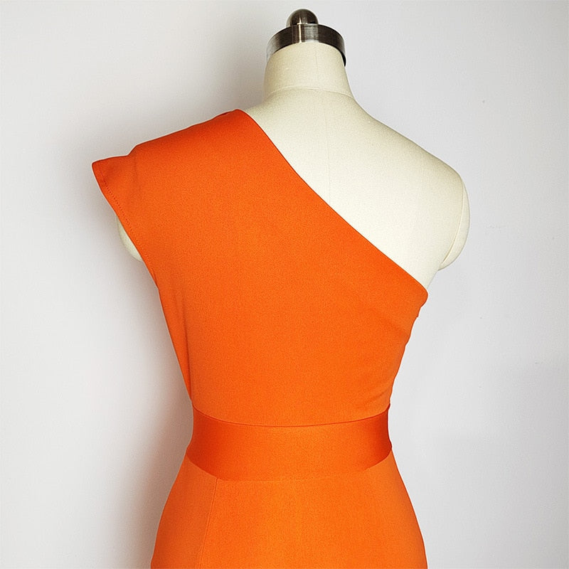 Evening Party Dresses for Women Vestidos Orange High Waist Long Skirt Sleeveless Solid Slanted Shoulder Y2k Womens Formal Dress