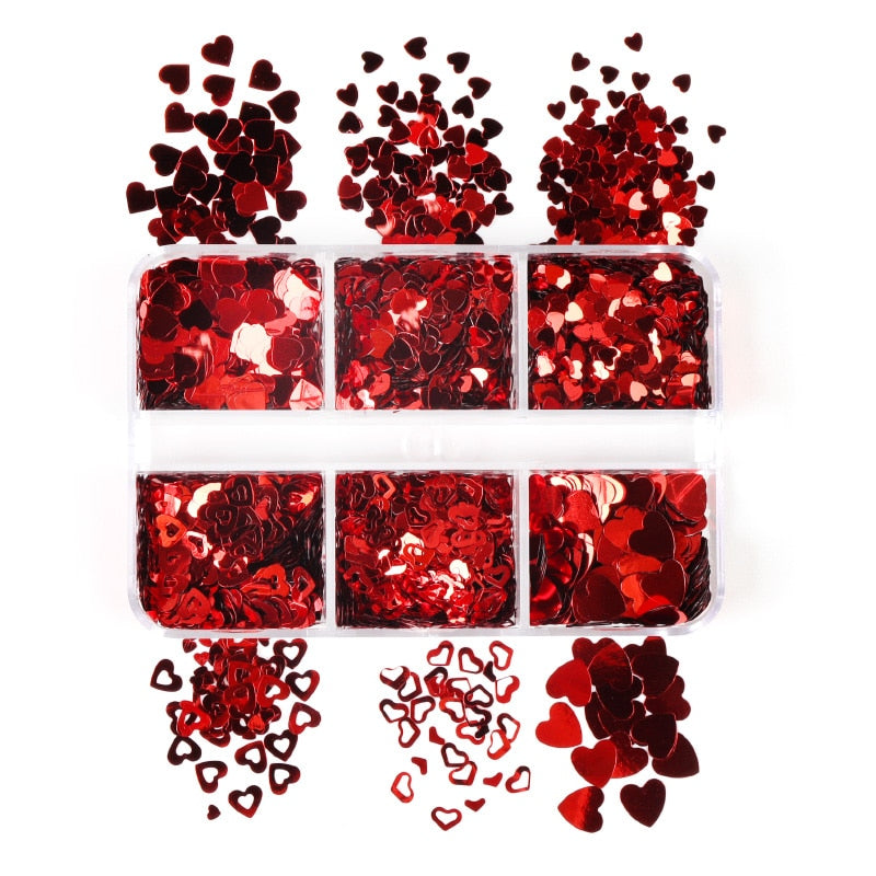 Valentines Day Mixed Love Heart Nail Glitter Red Flake Sequin Powder Decorative Accessories For Professional Nail Art Supplies