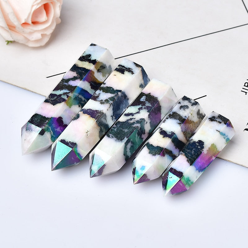 Hot Sale Natural Aura Stone Crystal Point Healing Obelisk Black and White Zebra Quartz Wand Beautiful Ornament for Home Decor Pyramid
