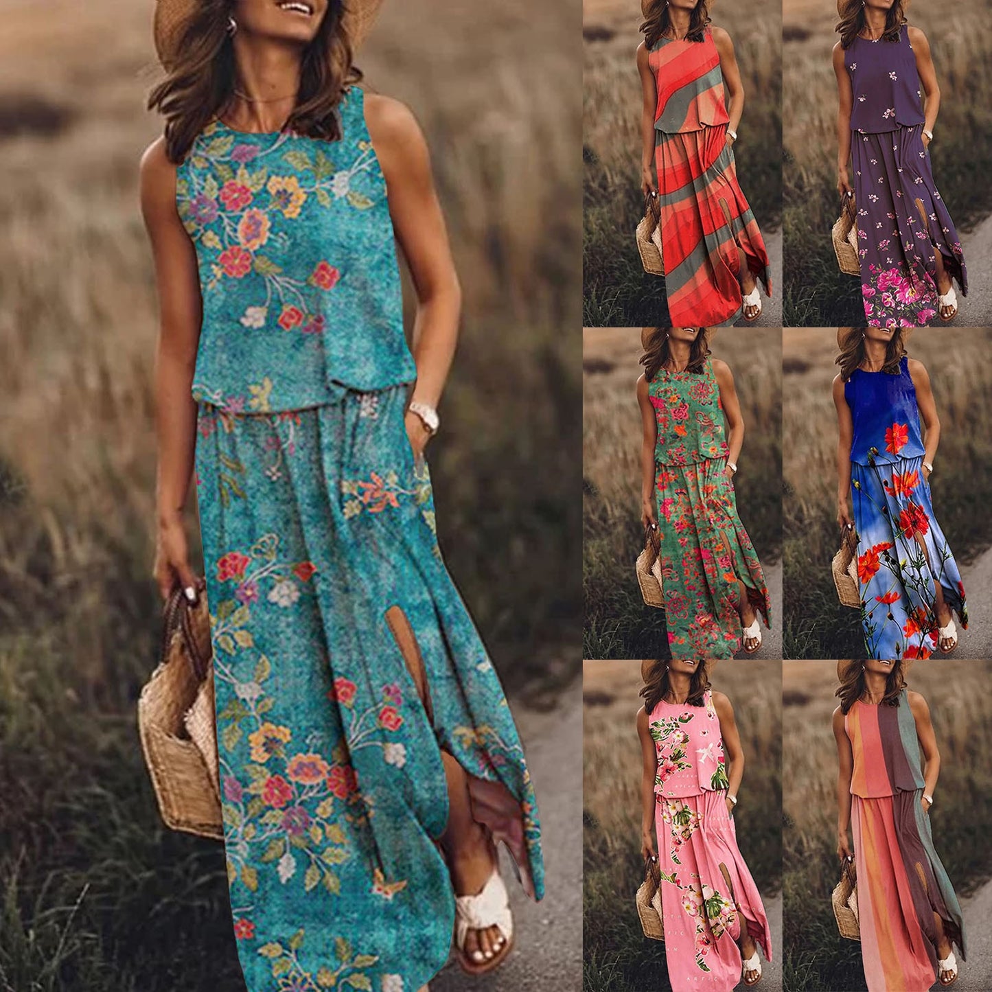 Summer Dresses For Women Holiday Beach O Neck Sleeveless Split Long Dress Boho Beach Sundress With Pockets Vestido Feminino