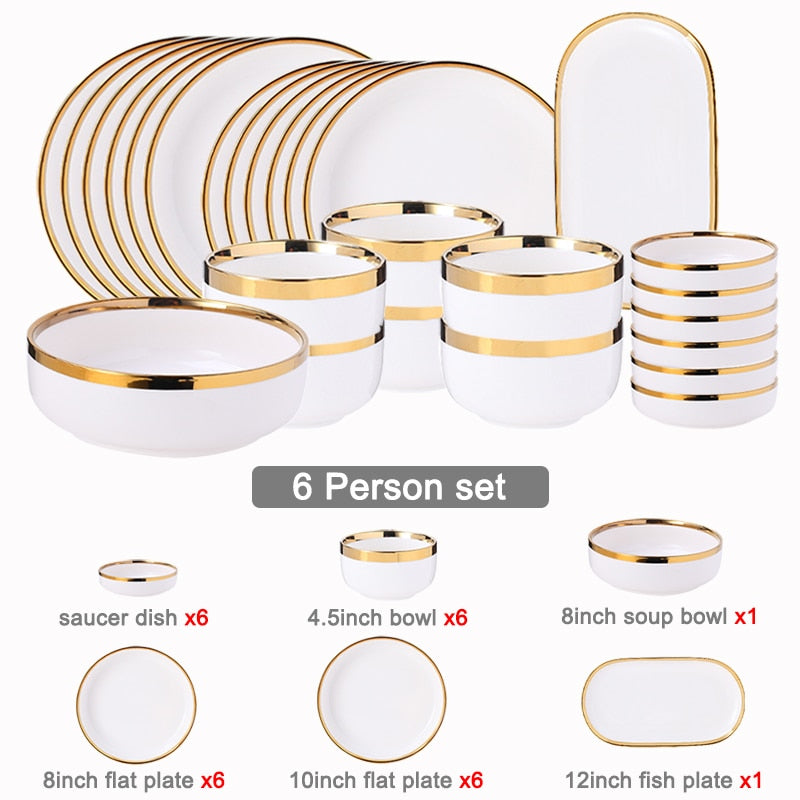 White Porcelain Plates Food Dinner Set Dishes Salad Soup Bowl Ceramic Plates and Bowls Set Tableware Set Service for 4/6/8