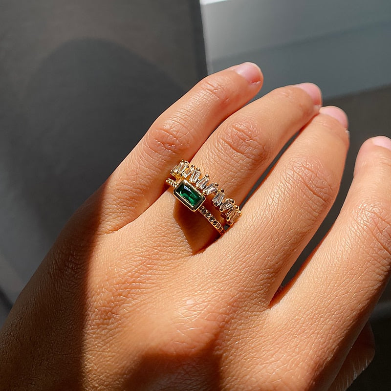 Valentine's Day Double Layer Irregular Zircon Rings For Women Open Stainless Steel Green Crystal Finger Ring Boho Jewelry Valentines Day Gift