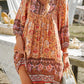 Fashion Beach Boho Vintage Floral Print A-Line Dress Summer Fall Casual Women Long Sleeve Tie Up V Neck Loose Mini Dress